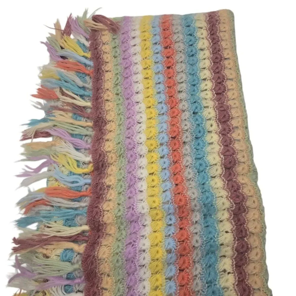 Handmade Rainbow Crochet Afghan Throw Blanket With Fringe Pastel Cottagecore
